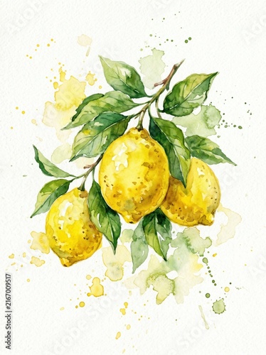 Watercolor painting of three yellow lemons on a branch with green leaves and colorful splatters on a white background.