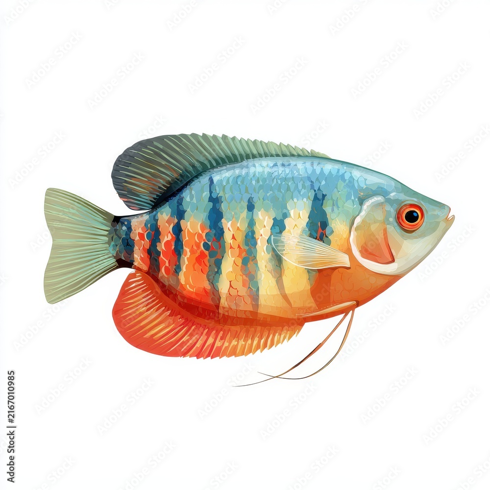 Fototapeta premium Dwarf Gourami Fish With Vibrant Blue And Orange Stripes Isolated On A Clean White Background