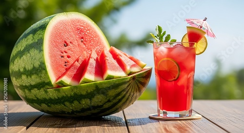 Fresh watermelon slices with red cocktail in a glass