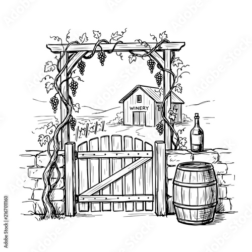 Winery entrance archway with grapevine wooden gate barrel bottle, black and whit