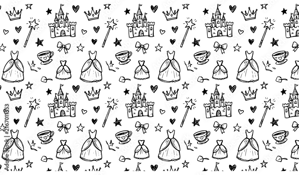 Obraz premium Princess castle pattern with magic wands crowns and dresses sketch illustration seamless pattern fairy tale cute doodles girly background hand drawn black and white line art childish
