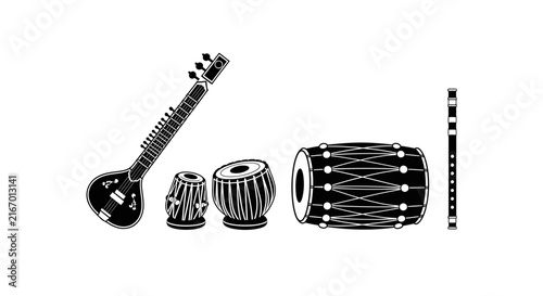 Bild auf Leinwand Traditional indian musical instruments on white background with sitar tabla dhol