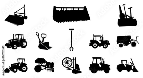 Bild auf Leinwand Collection of agricultural machinery and tools in black silhouette with silhouet