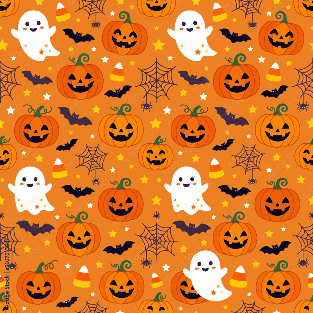 Fototapeta premium Cute Halloween Pattern with Pumpkins and Ghosts