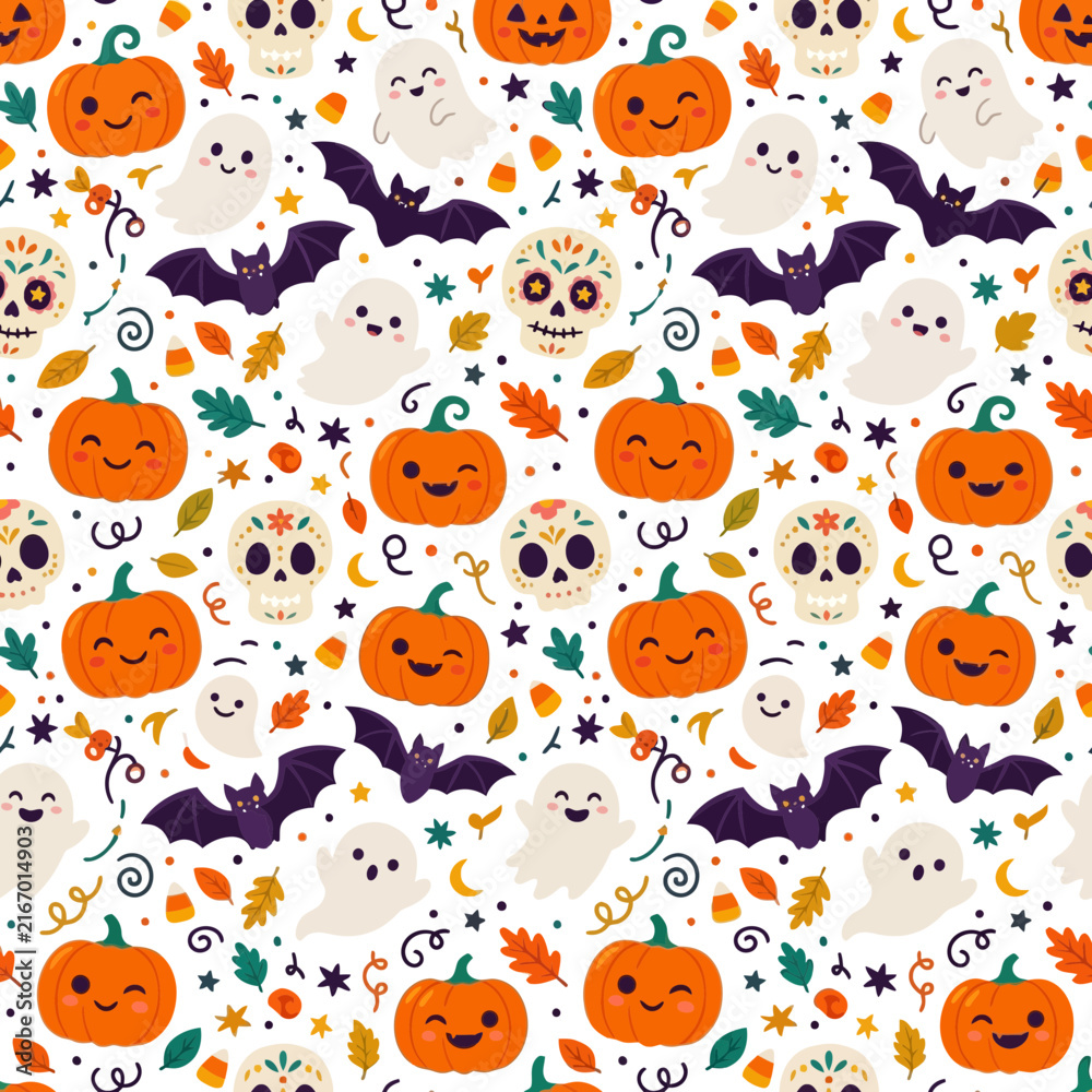 Obraz premium Cute Halloween Pattern with Pumpkins, Ghosts, and Bats