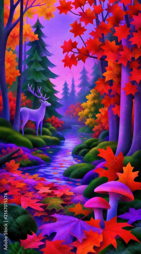 Naklejka premium Vibrant forest scene with deer, ideal for mobile wallpaper