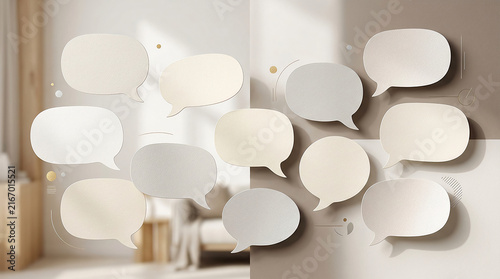 Group of white speech bubbles on wall for communication and conversation