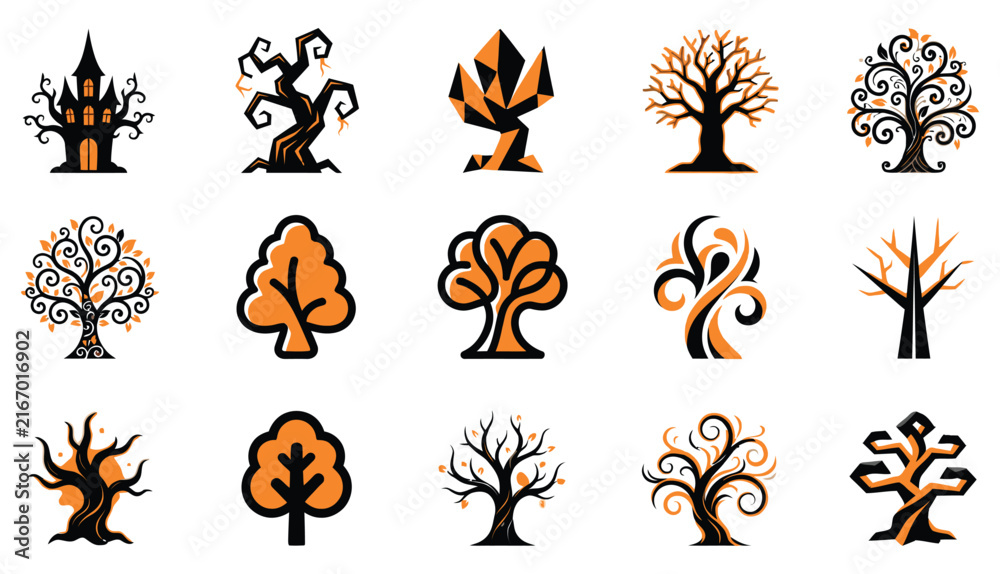 Fototapeta premium Set of hand drawn halloween tree icons featuring spooky haunted forest elements and autumn foliage for seasonal design projects