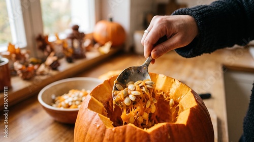 Halloween pumpkin carving activity with hand scooping seeds