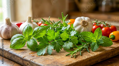 Fresh Green Herbs and Culinary Ingredients on Rustic Table