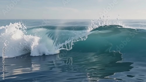 Powerful Blue Ocean Wave Crashing with White Foam Splash on Sunny Day