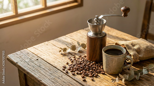 Coffee Beans and Manual Coffee Grinder on Wooden Table