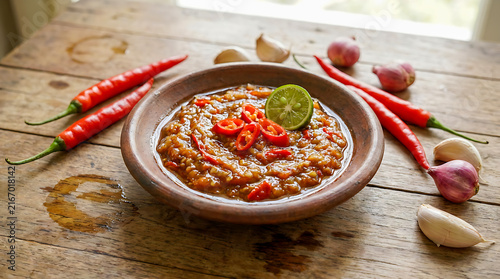 Indonesian Sambal Chili Sauce in Traditional Ceramic Bowl