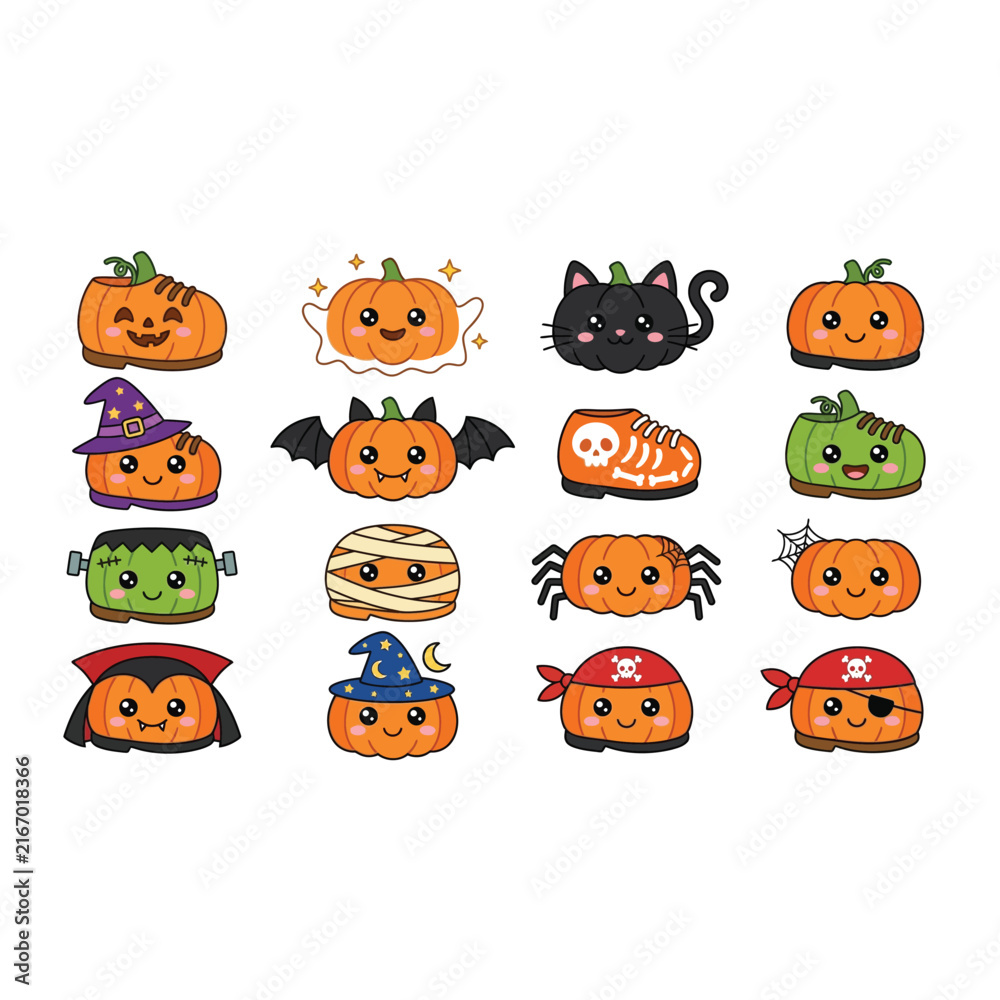 Fototapeta premium Halloween Themed Cartoon Pumpkin Characters Collection.