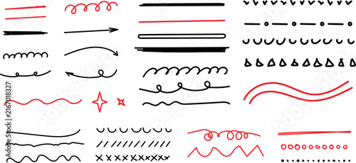 Hand drawn doodle brush lines vector image. Black and red pen circle, underline and doodle arrow strokes, hand drawn highlight marks.