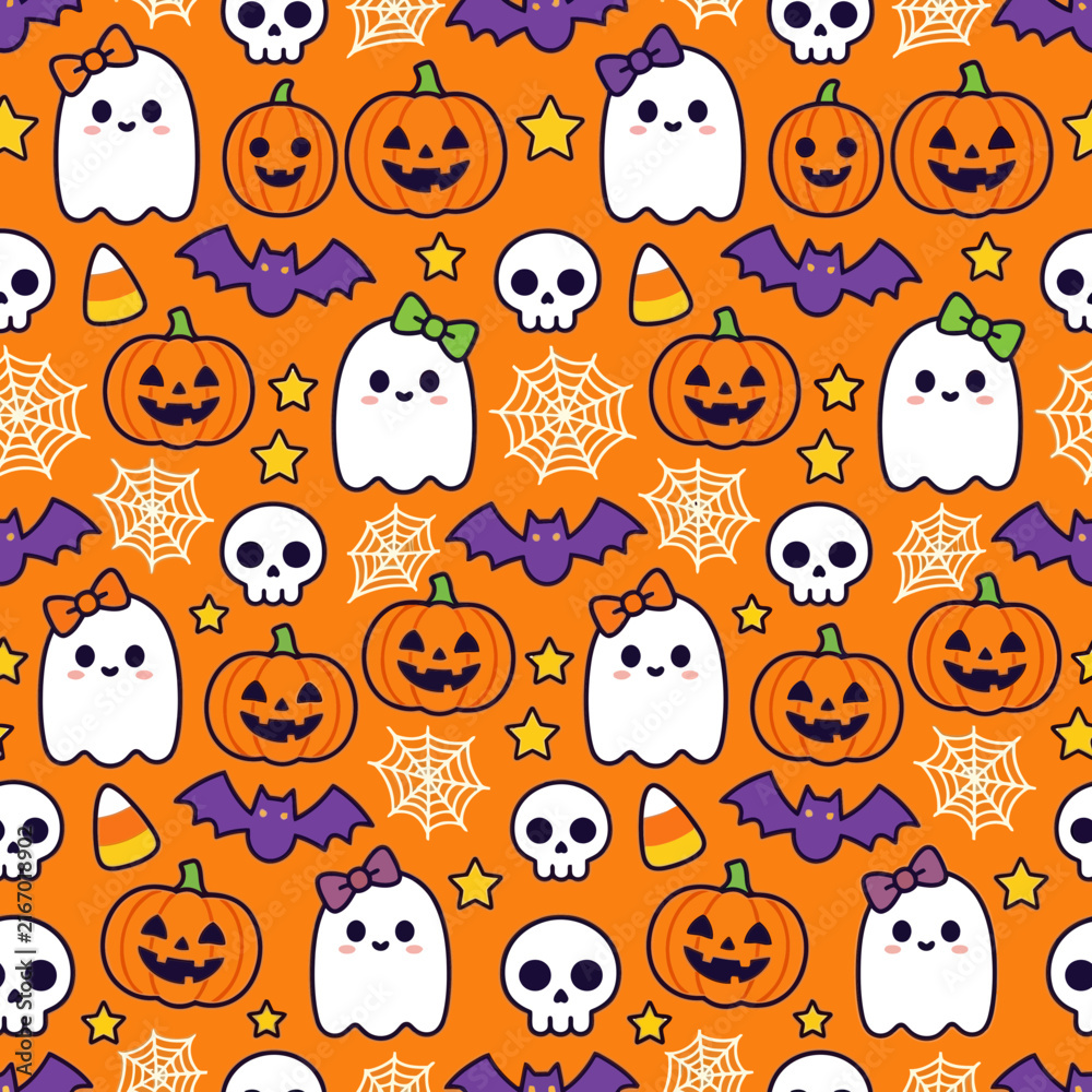 Obraz premium Cute Halloween Pattern with Ghosts, Pumpkins, and Bats