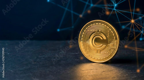 Gold Cryptocurrency Coin on Dark Surface with Digital Finance Concept