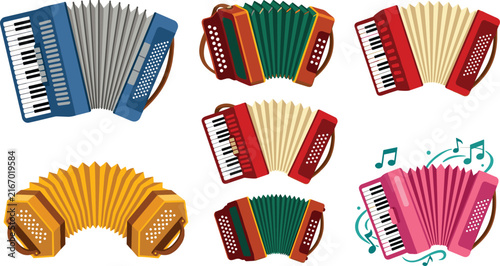 Cuadro en lienzo Colorful Accordion Instrument Collection with Vintage Concertinas, Musical Keybo