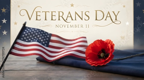 Veterans Day Red Poppy and American Flag Memorial Tribute Poster.
