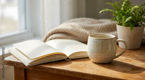 Coffee Cup and Open Book on Cozy Wooden Table
