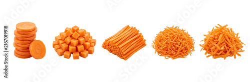 Plakat Carrot preparation: sliced, diced, julienned, and grated isolated on transparent