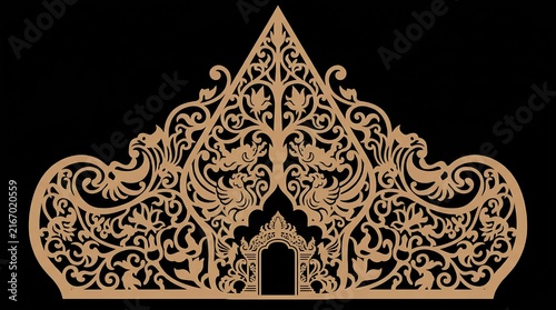 Golden traditional Indonesian puppet theater Gunungan carving on black background.