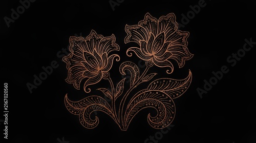 Gold floral line art on black.