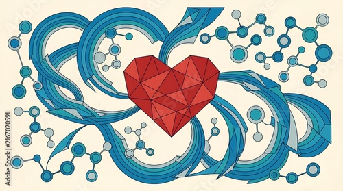 Geometric red heart with abstract blue molecule lines.