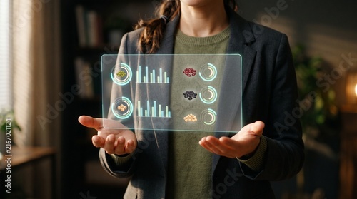 Nutritionist Analyzing Nutritional Value of Various Beans with Floating Data Overlay