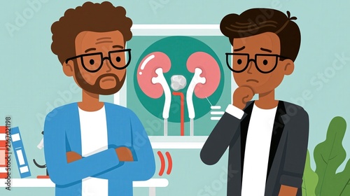 Two men with serious expressions examine a diagram of a human kidney.