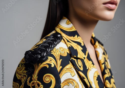 Woman wearing a stylish black and gold patterned blazer with luxury fashion design