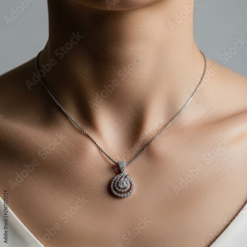 Beautiful silver chain necklace with a small round pendant on a woman neck