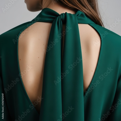 Woman wearing an dark green dress with open back detail