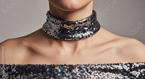 Woman wearing a black sparkly sequin choker necklace and matching sequin dress top