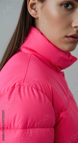 woman wearing a bright pink jacket in a studio setting