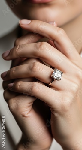 Woman wearing a beautiful diamond engagement ring on her finger