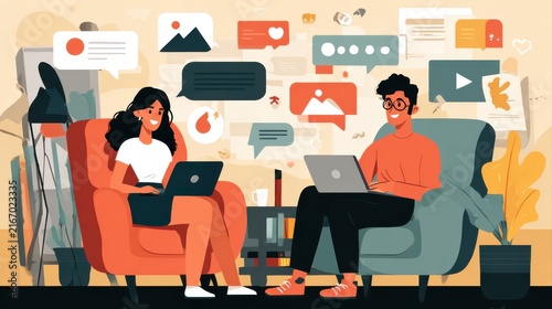 social media online content, freelance worker, working online, content creator, woman using laptop, man reading blog online on computer