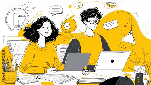social media online content, freelance worker, working online, content creator, woman using laptop, man reading blog online on computer