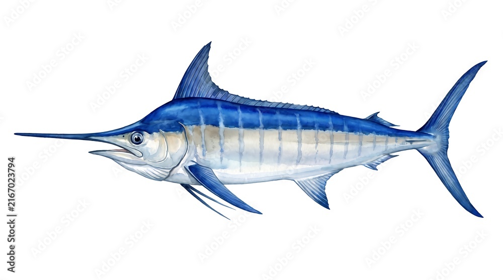 Naklejka premium Blue marlin fish watercolor illustration isolated on white background