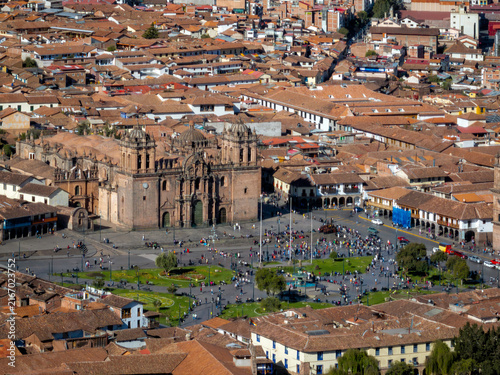 Aerial view of the historic Plaza de Armas and the Cusco Cathedral surrounded by colonial architecture in Cusco