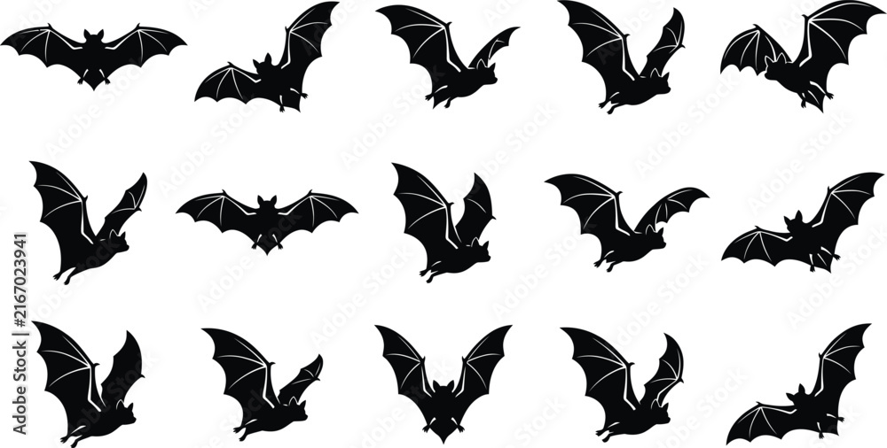 Fototapeta premium Halloween Bat Silhouettes Flying Against White Background
