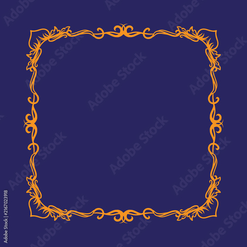 Ornate orange floral frame decoration for luxury vintage invitation on dark blue backdrop