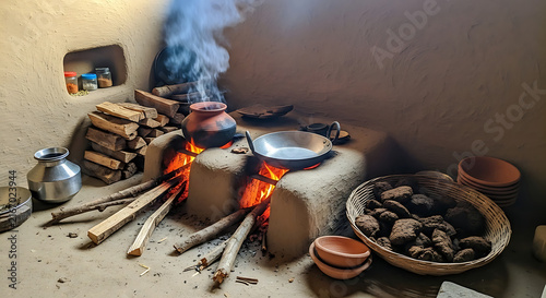 Rural Cooking Fireplace with Pots and Fuel Traditional Kitchen Scene