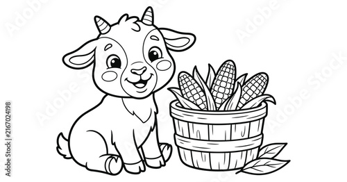 A cute baby goat sitting next to a wooden basket filled with fresh corn ears for a coloring page