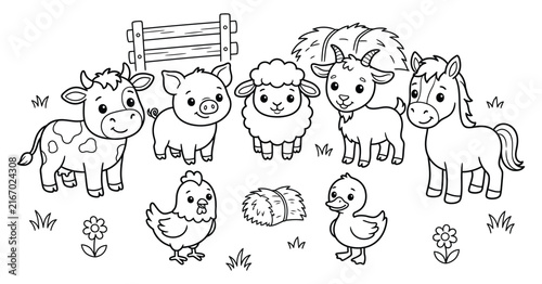 Cute farm animals coloring page for children featuring a cow pig sheep goat horse chicken and duckling