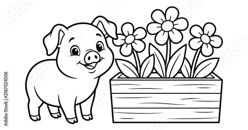 A cute little pig standing next to a wooden flower box for a fun kids coloring page activity
