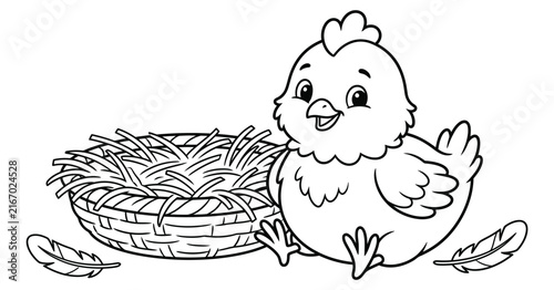 A cute little baby chicken sitting next to a straw nest in this fun printable black and white coloring page