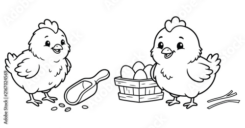 A cute black and white coloring page featuring two happy little chicks playing with a basket of eggs