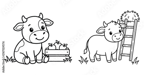 Cute cartoon cow characters in a farm setting for a fun and educational printable coloring page for children