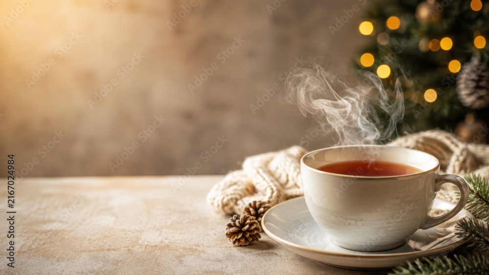 Fototapeta premium Hot Tea with Christmas Tree and Copy Space